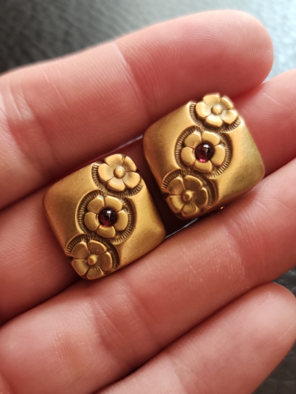 Gold Tone MFA Floral Clip Earrings with Red Center Stones